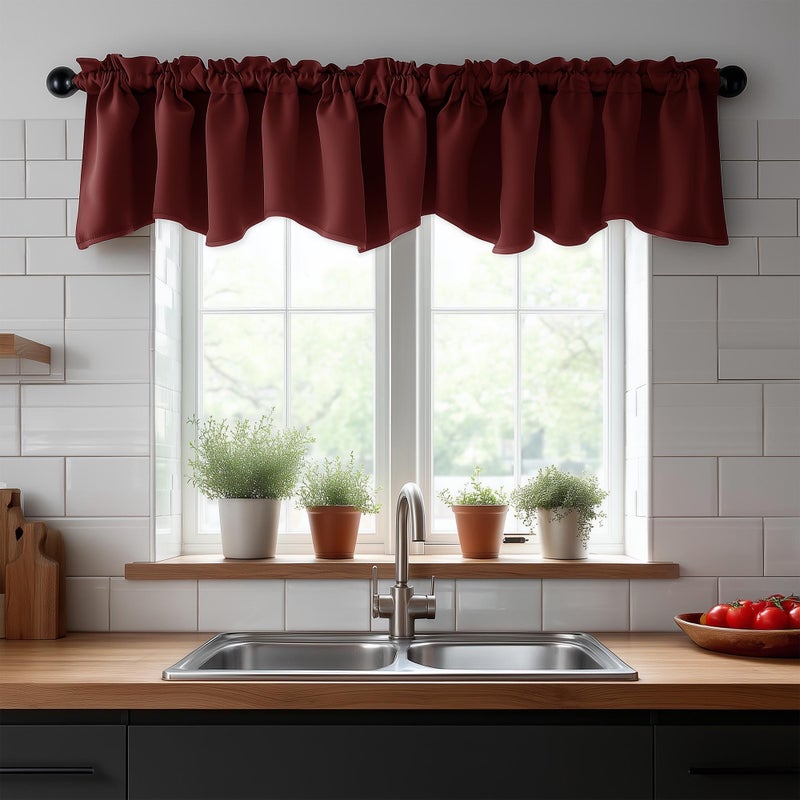 Deconovo Red Valances for Windows, Christmas Curtains, Scalloped Valance for Living Room Bedroom Festival Party Home Decor, Short Curtain Blackout, Rod Pocket, 42x18 Inch, 1 Panel, Maroon Red - Image 2